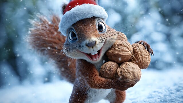 A festive squirrel in a Santa hat, holding a collection of walnuts, surrounded by a snowy landscape. Its playful expression and the wintry scene create a joyful and heartwarming image