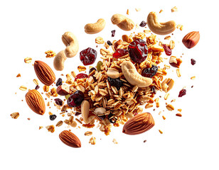 Close-up of granola with mixed nuts and dried cranberries, on a dark background