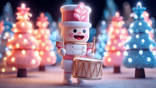 A cute toy nutcracker doll playing the drum in a colorful and festive christmas forest
