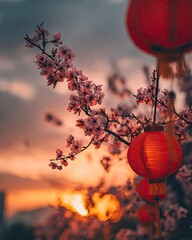 Pink Cherry Blossoms And Red Lanterns At Sunset