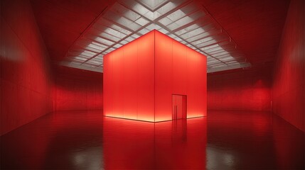 Red Illuminated Cube In Modern Abstract Interior