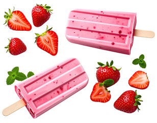 Strawberry popsicles & fresh berries with mint against a black background