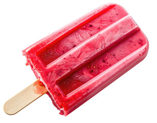Delicious, red, rectangular ice pop with wooden stick, partially eaten