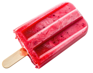 Delicious, red, rectangular ice pop with wooden stick, partially eaten