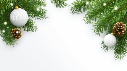 Christmas tree branch pine cone white bauble festive decoration green needle holiday ornament winter celebration background snowflake create cheerful seasonal border on white background