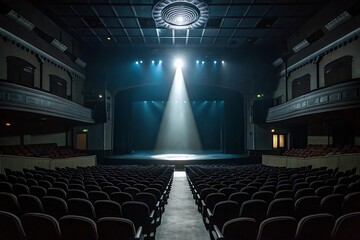 Spotlight illuminates an empty theater stage with rows of dark seats facing the performance area under dramatic lighting