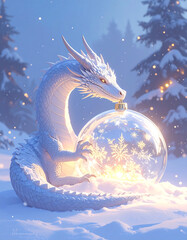 A majestic white dragon gently touches a glowing Christmas ornament in a snowy forest.