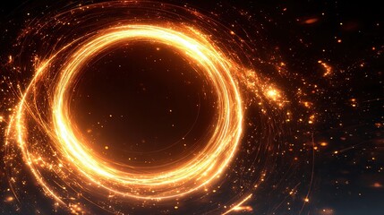 A cosmic depiction of a fiery ring, dark void center, surrounded by swirling, sparkling light and particles