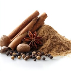 Pile Of Cinnamon Sticks And Spices On White Background