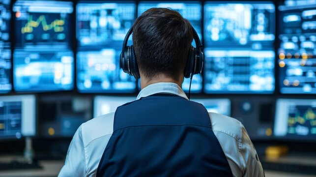 Medium close up of control room operator monitoring Smart Flood Barrier real-time data screens.