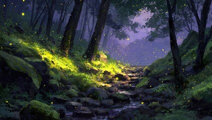 A magical forest stream bathed in bioluminescent light.