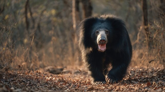 Close up of a sloth bear walking through a forest with its mouth open in a menacing manner towards viewer