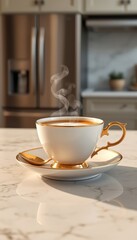 Fototapeta premium A delicate cup of hot beverage sits serenely on a marble countertop, steam rising gently in the warm light