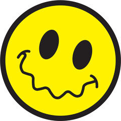 Wavy Mouth Yellow Smiley Face Icon. Playful Distorted Cartoon Emoticon Expressing Silliness or Confusion. Graphic Design Element.