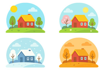 Four seasons vector set. Countryside house in different seasons: summer, spring, winter, autumn. Flat design nature landscape concept. Home illustration for year cycle weather.