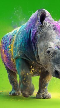 Colorfully painted rhinoceros stands on bright green, splashed with purple pigment and yellow vivid