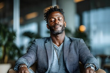 30-year-old man Businessman Meditating in Modern Office with Natural Light