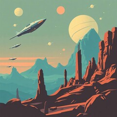 A Journey to the Cosmos: A retro-futuristic depiction of spacecraft navigating the alien landscape of a distant planet with floating planetary bodies and rocky terrain.
