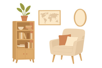 Cozy reading corner in Scandinavian style. Home interior design with modern furniture. Living room with armchair, bookcase, world map, and potted plant. Hygge concept vector.
