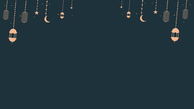 Minimal hanging lanterns with arabesque border on blue background