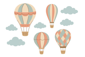 Obraz premium Vintage hot air balloon set. Hand drawn retro air balloons, clouds for adventure. Flat vector illustration in childish pastel colors. Cartoon sky travel transport elements.