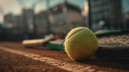 Tennis Ball On Clay Court At Sunset