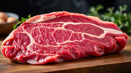 Raw Beef Steak on Wooden Board: A close-up shot of a fresh, raw beef steak rests elegantly on a rustic wooden board, embodying the essence of culinary delight.