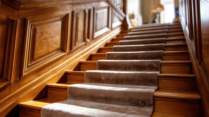 Soft brown carpet runner staircase wooden paneled wall elegant interior with warm lighting and cozy atmosphere