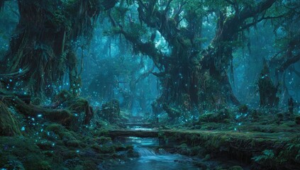Lush, glowing forest with a stream.