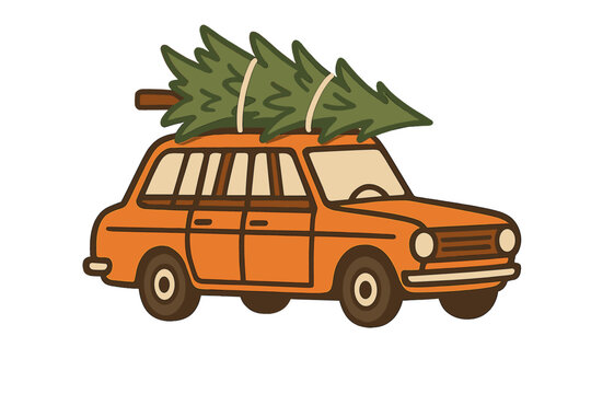 Retro family car carrying Christmas tree on the roof. Vector flat illustration. Vintage station wagon transport for winter holiday. Xmas tradition journey home. Isolated cartoon.