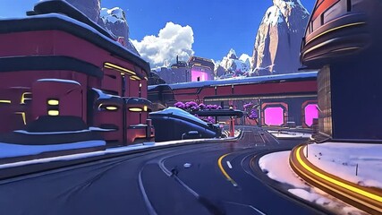 Futuristic winter city landscape with snow covered sci-fi buildings glowing portals majestic mountains under clear sky for gaming environment design art concept - Powered by Adobe
