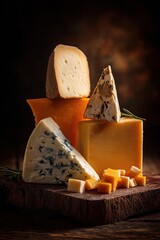 Assortment Of Cheeses On Wooden Board