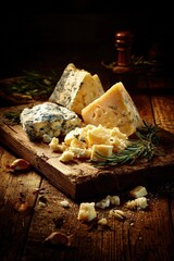 Assortment Of Cheeses On Wooden Board