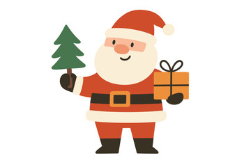 Vector greeting card with Santa Claus holding gift box and fir tree. Trendy character for poster, web banner or social media. Xmas concept. Flat vector illustration. Happy New Year.