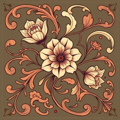 Floral Vintage Illustration: A symmetrical floral design, showcasing intricate petals, stems, and ornate foliage in a harmonious color palette, reminiscent of a classic art style.