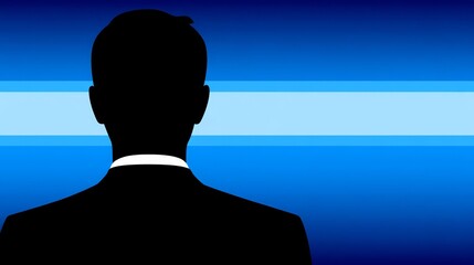 Professional man dressed in suit and tie standing against modern blue and white background.