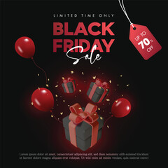 Black Friday Sale Banner with gift box and red balloons. Vector illustration	