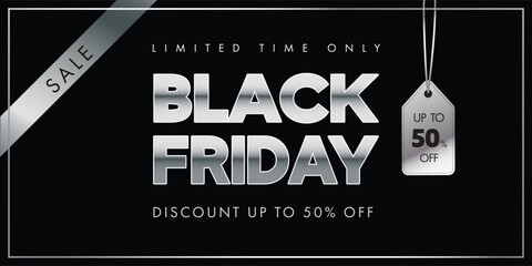 Black Friday banner with silver letters and shopping tag. Vector illustration.