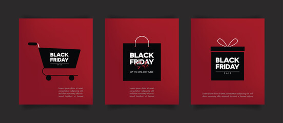 Black Friday card template with shopping elements such as shopping cart, shopping bag, and gift box. Vector illustration.