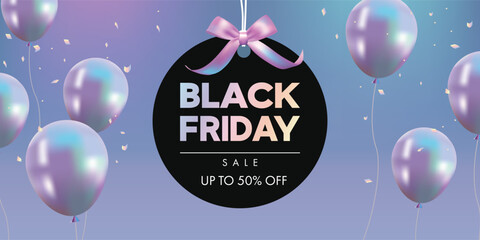 Black Friday sale banner with holographic colored balloons and shopping tag. Vector illustration. © Bigsmile