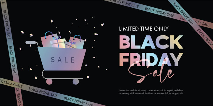 Hologram-colored Black Friday sale banner with shopping cart with gift box and shopping bag