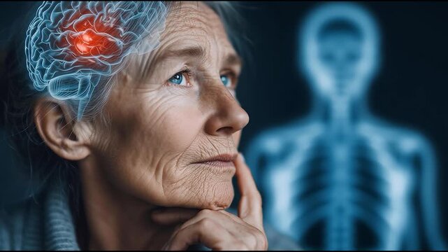 Elderly woman with brain scan overlay showing highlighted brain region, neurological disorder or stroke concept