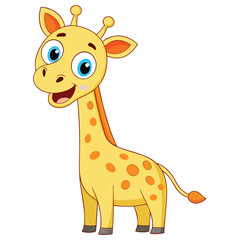 Delightful Giraffe Cartoon Character Stands Tall with Warm Smile and Playful Orange Spots on Light Yellow Skin