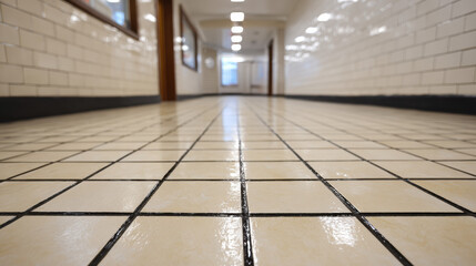 Freshly tiled tiled floor with clean black grout lines leading down glossy white hallway, bright overhead lights reflecting and creating calm