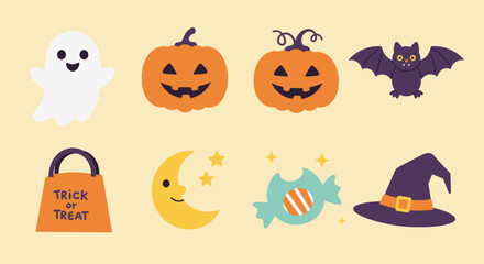 A delightful flat design vector illustration featuring 8 cute and friendly Halloween icons, perfect for children's projects and lighthearted themes. The collection uses a bright and inviting color.