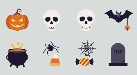 This flat design vector illustration presents a curated collection of 8 spooky Halloween objects and symbols, ideal for various design applications. Rendered with clean lines and a modern, minimalist.