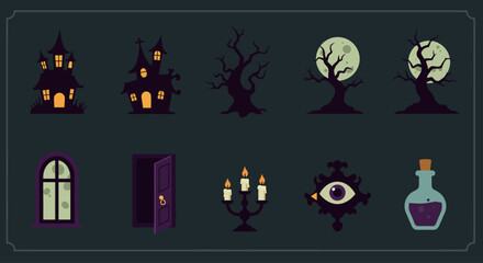 This flat design vector illustration showcases a collection of 8 atmospheric haunted house-themed Halloween icons, ideal for creating a spooky ambiance. Designed with bold shapes and a dark modern.