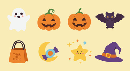 A delightful flat design vector illustration featuring 8 cute and friendly Halloween icons, perfect for children's projects and lighthearted themes. The collection uses a bright and inviting color.