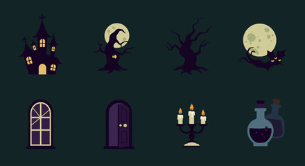 This flat design vector illustration showcases a collection of 8 atmospheric haunted house-themed Halloween icons, ideal for creating a spooky ambiance. Designed with bold shapes and a dark modern.