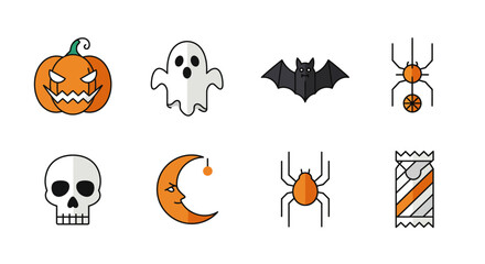 A minimalist flat design vector illustration featuring a collection of 8 classic Halloween creature icons, perfect for digital projects. Each icon is rendered with simple shapes.